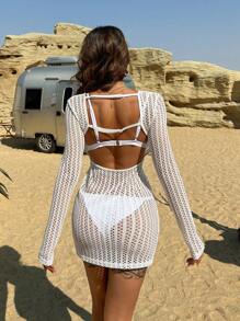 DAZY 镂空设计长袖露背女式连衣裙，适合派对、海滩、秋季、返校节、邮轮旅行等场合。 - 白色 - 查看 2