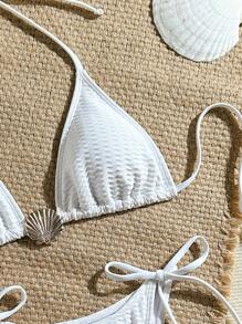 SHEIN Swim Set de bikini sexy cu decor cu cochilii texturate cu val alb pentru femei, pentru piscină, plajă de vară, vacanță, petrecere - alb - Vizualizare 3
