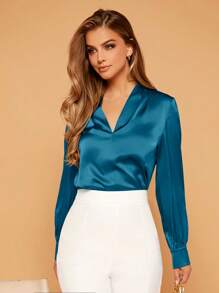 SHEIN Privé 女士优雅纯色长袖通勤衬衫 - 水鴨藍 - 查看 3