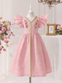 SHEIN Leap Crew Tween Girls Elegant Gold Thread 3D Floral Lace Trim Ruched Tiered Ruffled Cap Sleeve V-Neck A-Line Dress - Pink - View 9