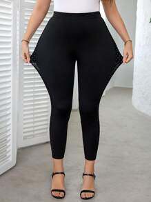 SHEIN Clasi Plus Size Solid Color Polka Dot Mesh Fashion Side Mesh Inset Fashion Sheer Sequin Summer Black Leggings For Women,Casual Daily Wear,Black Leggings,Beach Outfits For Woman,High Stretch Slim-Fit Leggings,All Seasons,Suitable For Commuting, Daily Life, Leisure, And Sports,Women Bottom,Street Wear,Curve Pants,Basics Pants - Black - View 6