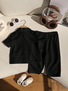 SHEIN Baby Boy/Girl 2pcs Set: Solid Color Textured Fabric Polo Collar Short Sleeve Top And Elastic Waist Long Pants, Casual & Versatile For Spring, Summer, Autumn, Suitable For Home, Outings, School, Sports - Black - View 2