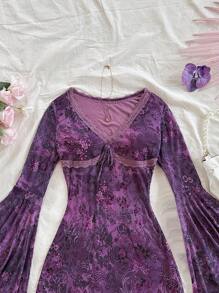 Soleia Váy mini họa tiết hoa cổ điển cho nữ, tay dài, viền bất đối xứng, có chi tiết xếp nếp, vải lưới dệt kim - Màu tím - Xem 6