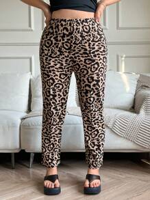 SHEIN EZwear Plus Size Women's Leopard Print Toothpick Design Casual Pants - Rust Brown - View 1