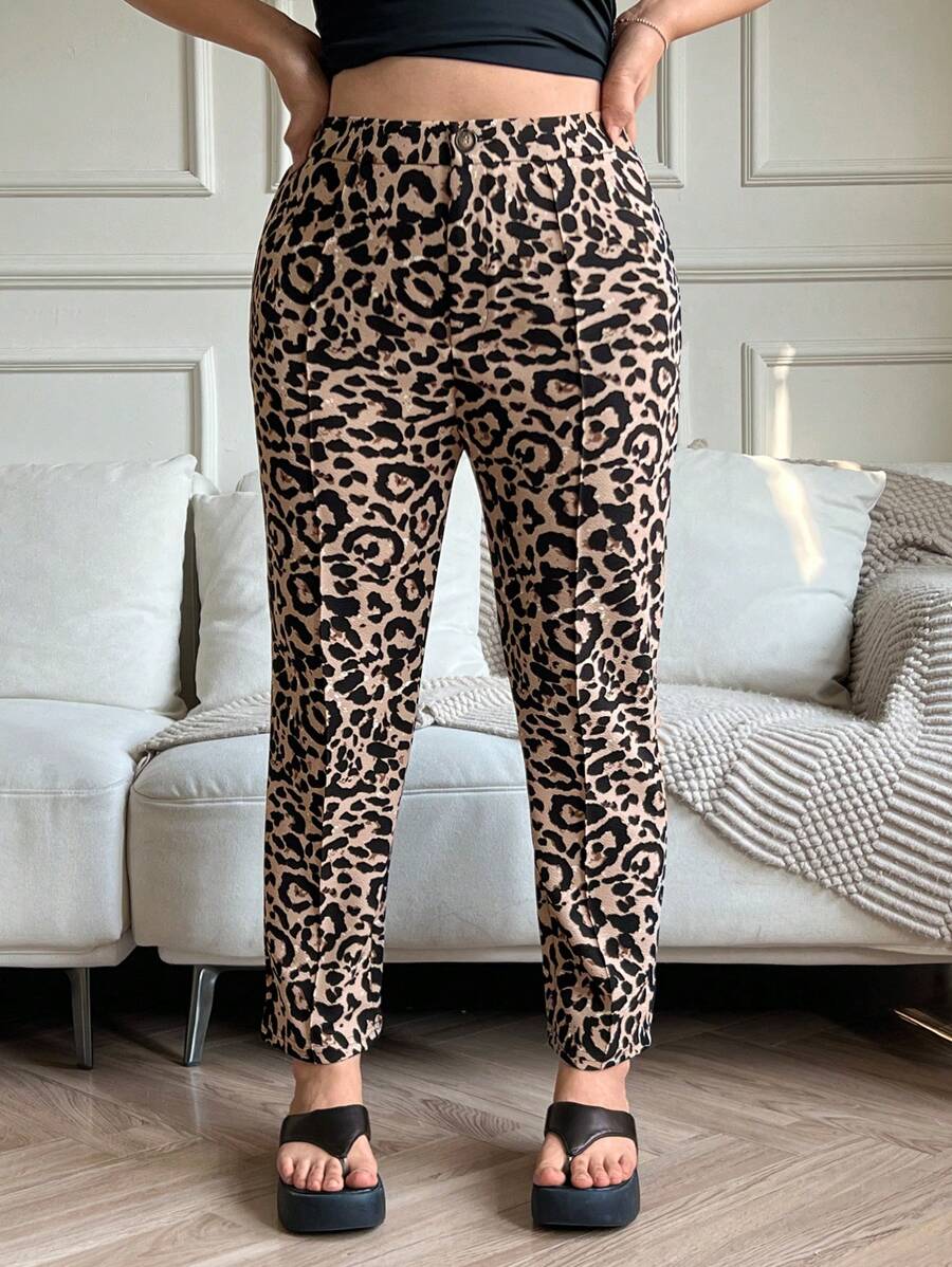 SHEIN EZwear Plus Size Women's Leopard Print Toothpick Design Casual Pants - Rust Brown - View 1