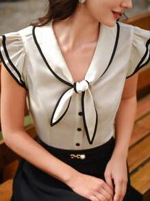 Vintamour Vintage Elegant Contrast Trim Sailor Collar Bowknot Ruffle Sleeve Casual Vacation Blouse, Spring/Summer Tops Vacation Outfits Woman Summer Outfits For Women Shirts Women White Top Summer Tops Going Out Tops Women Blouses For Women Summer Tops Women White Shirt T Shirts Women Church Clothes Women Summer Clothes Women Cruise Attire Button Up Shirt Women Tops Spring Outfits For Women Vacation Outfits Women Spring Clothes