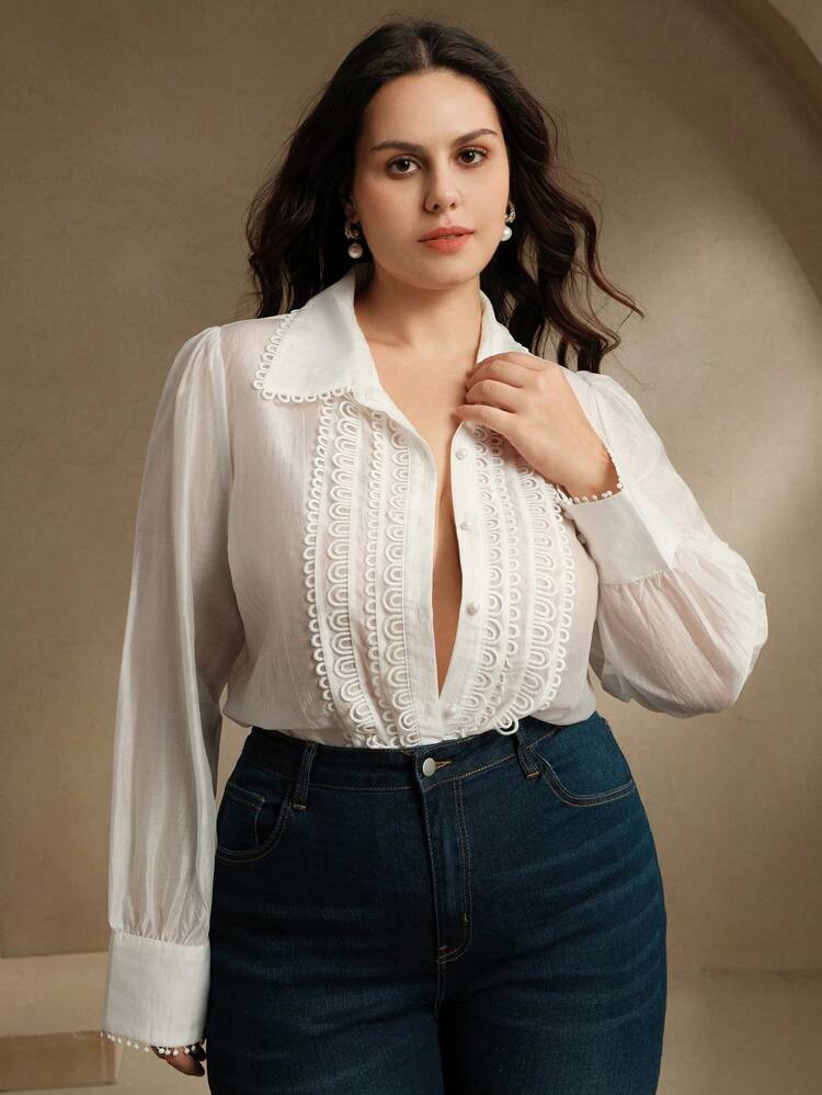 Plus Size Women Retro French Style Collared Puff Sleeve Blouse, Loose Fit Semi-Sheer Casual Spring