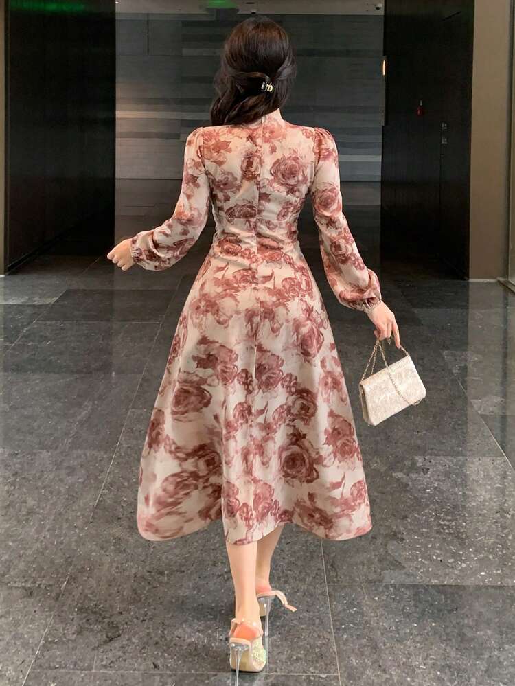 Spring New Arrival Floral Print Rose Cinched Waist Sundress, Goddess Cut Twist Front Long Dress For Women,Fall Dress Long Sleeve Dress Maxi Dress