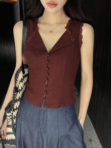 DAZY Áo ba lỗ/áo hai dây không tay thêu nút viền ren thời trang mùa hè dành cho nữ, quần áo trở lại trường - Màu Đỏ Sâu - Xem 3