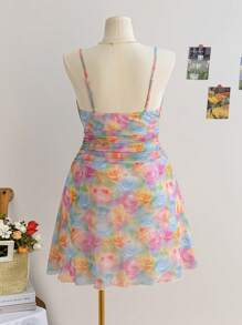 Soleia 大码女式彩色网状印花无袖褶皱休闲连衣裙，春季 - 彩色 - 查看 2