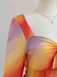 Soleia Plus Size Women Back To School Vacation Tie-Dye Rainbow Print Babydoll Blouse, Casual Long Sleeve Shirt, Summer Outfits - Multicolor - View 8