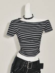 SHEIN ICON 1 件女式 90 年代条纹节日狂欢肩短袖 T 恤春季上衣，简约休闲日常穿着 - 彩色 - 查看 13