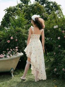 SHEIN MOD Beige Organza Ditsy Floral Dress,  Long Summer Dress,Bohemian Dress,Western Dress,Easter Dress,Vacation Dresses Woman,Summer Dresses For Women,Modest Dresses For Women,Flowy Dress,Graduation Dress,Vintage Dress,Floral Dress Women