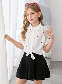 SHEIN Tween-Mädchen Lockere weiße Kurzarmbluse mit Herz-Print, geeignet für Frühling/Sommer, Frühlingsausflug, Country-Style, Tee im Garten, Lässig ausflüge, Valentinstag, passende Outfits für Mama und mich