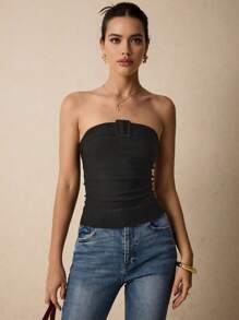 Poéselle Sleek Black Strapless Slimming Sheath Tube Top With Buckle Detail - Ideal For Summer Parties, Nights Out And Casual Fashion Styling, It's Made From High Quality Stretch Fabric To Ensure A Comfortable Fit And Freedom Of Movement, Pair It With Your Favorite Pair Of Jeans Or A Stylish Skirt For An Effortlessly Versatile Look, Office Women Clothing, Short Women's Tops - Black - View 6
