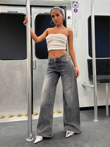 EURMUSE WOMEN LOW WAIST WIDELEG CASUAL FASHION JEANS - Dark Grey - View 5