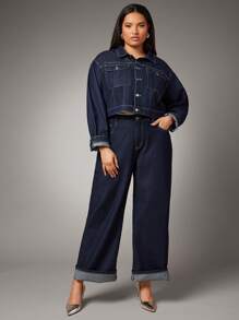 Denimoi Plus Size Casual Crop Denim Jacket - Dark Wash - View 3