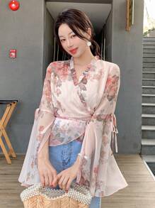 DAZY Spring New Casual Plant Print With Bowknot Decor Women Blouse, Valentine's Day,Ruffle - Pink - View 6