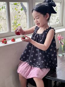 DAZY 2pcs/Set Young Girl Vacation Casual Ditsy Floral Print Vest And Skirt Set,Girls Summer Outfits - Black - View 3