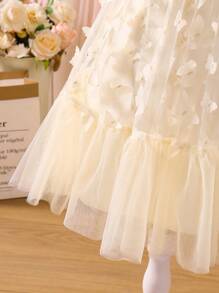 Young Girl Ruffled A-Line Jacquard Puff Sleeve Princess Dress - Apricot - View 3