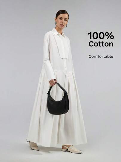 Ontre 2025新款女士优雅白色长袖褶皱连衣裙，商务休闲风，适合秋冬季穿着