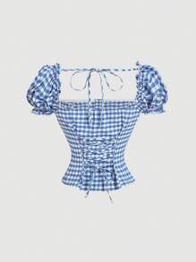 SHEIN MOD Camisa de mujer con mangas abullonadas, botones y volantes en la barra en estampado de cuadros azules y blancos, atuendo para vacaciones, fiesta de té, concierto de música country