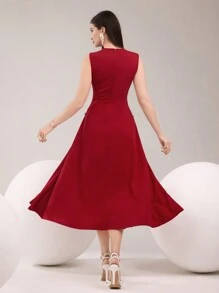 Modelyn Women's Solid Color Round Neck Sleeveless Elegant Arabic Style Dress  Summer Outfits For Women   Wedding Guest Dress Women   Airport Outfit For Women   Graduation Dress  Red Dress - Burgundy - View 3