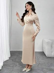 Modelyn Elegantes Satin-Kleid mit langen Ärmeln und figurbetonter Taille, Frühling 2025 Neue Kollektion Arabischer Stil Langes Kleid