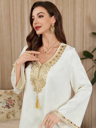 Al Najma טוניקה פרחונית עם צווארון V, גזרה רחבה לנשים, קפטן וג'לאביה, צנועה