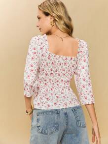 Poéselle 1 stuk dames blouse met vierkante kraag en ruches, middellange mouwen, minimalistische en casual dagelijkse kleding, bloemenblouse, blouse met rucheskraag