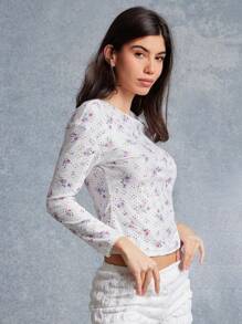 WESTFADE 夏季花卉印花镂空边饰圆领长袖修身 T 恤 - 白色 - 查看 4