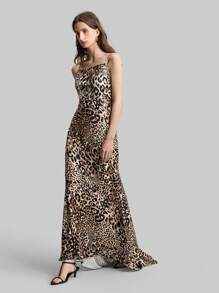 Ontre Leopard Print Satin Material Slip Dress, Elegant Tie Shoulder Dress With Tail, Spaghetti Strap Sleeveless Formal Party Gown - Coffee Brown - View 1