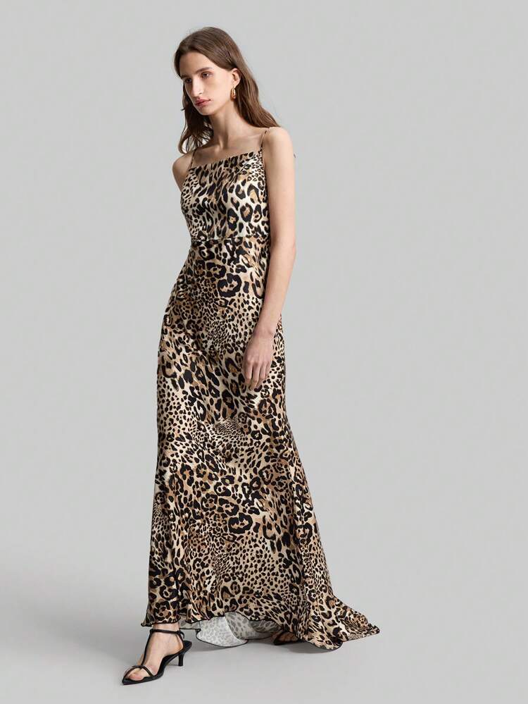Leopard Print Satin Material Slip Dress, Elegant Tie Shoulder Dress With Tail, Spaghetti Strap Sleeveless Formal Party Gown
