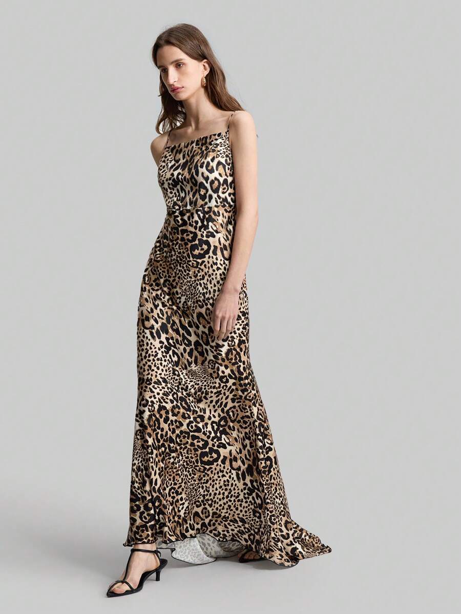 Ontre Leopard Print Satin Material Slip Dress, Elegant Tie Shoulder Dress With Tail, Spaghetti Strap Sleeveless Formal Party Gown - Coffee Brown - View 1