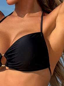 SHEIN Swim Women's Basic Black Halter Tie Bikini Swimwear & Cover Up Shorts 3-Piece Set, Sexy For Pool, Beach, Resort And Party, For Summer Vacation