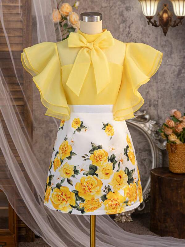 SHEIN Teen Girl Elegant Vintage Loose Casual Collared Bow Decor Cap Sleeve Blouse & Rose Floral Print Skirt 2pcs Outfit Set