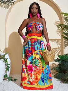 Slaydiva Women's Summer Vacation Sexy Floral Print Halter Maxi Long Dress - Multicolor - View 5