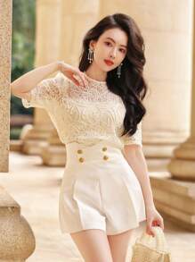DAZY Áo thun tay ngắn phong cách Bohemian thanh lịch dành cho nữ, hàng mới về mùa hè - Màu be - Xem 3