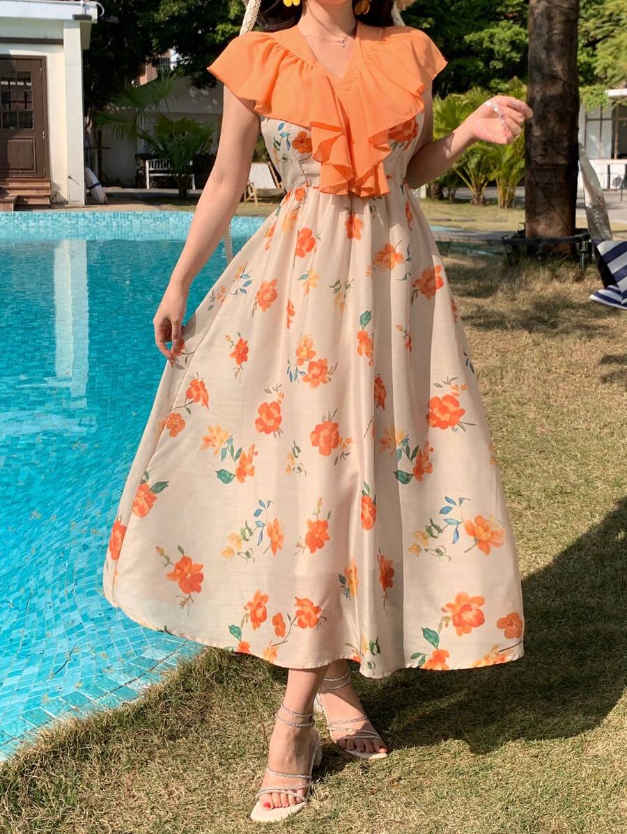 DAZY New Summer Beach Vacation Stunning Ruffle Hem Orange Ditsy Floral Dress, Unique Design Elegant Long Dress For Ladies - Yellow - View 1