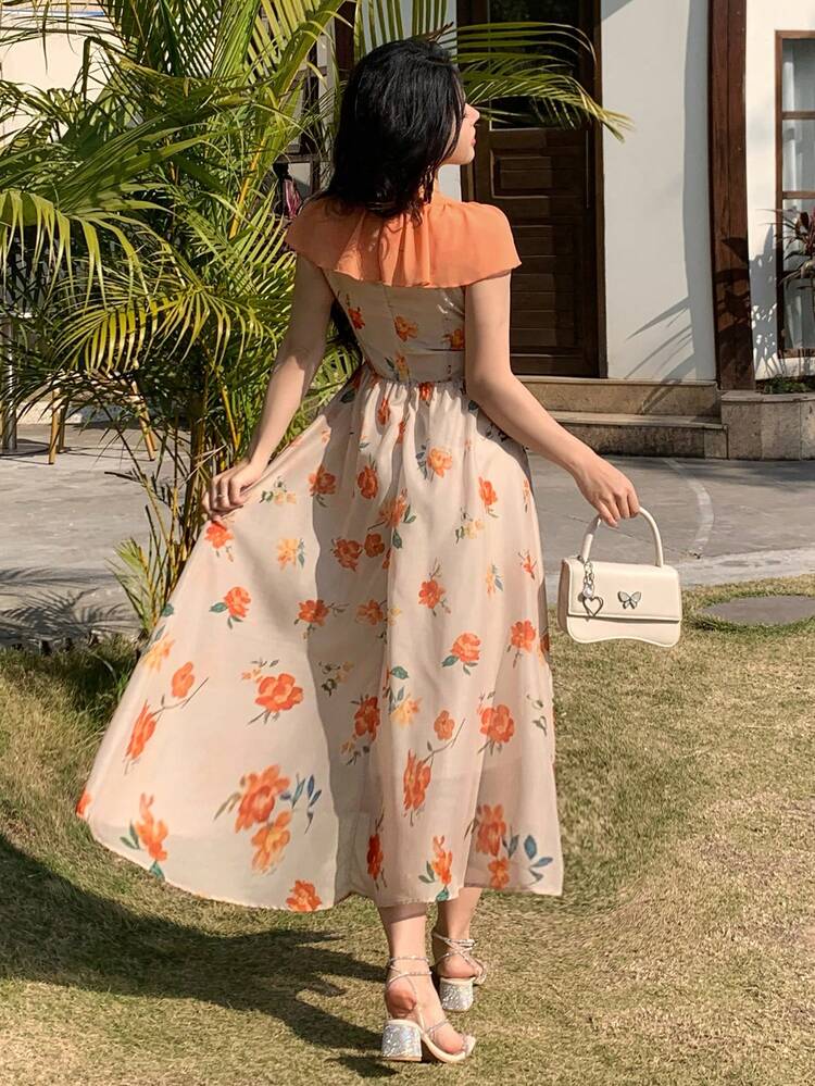 New Summer Beach Vacation Stunning Ruffle Hem Orange Ditsy Floral Dress, Unique Design Elegant Long Dress For Ladies Dress Boho