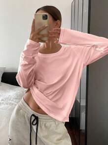 DAZY 女士休闲纯色圆领长袖 T 恤，秋季服装学院风上衣 - 粉色 - 查看 5