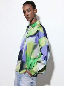 Maija Women's Fashion Tie-Dye Pattern Print Charmeuse Single-Breasted Lapel Long Sleeve Shirt, Versatile For Spring