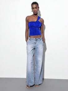 Maija Women's Blue Summer Solid Color One-Shoulder Pleated Sexy Fashionable Versatile Casual Simple Elegant Sleeveless Cropped Tank Top Going Out Tops Going Out Outfits