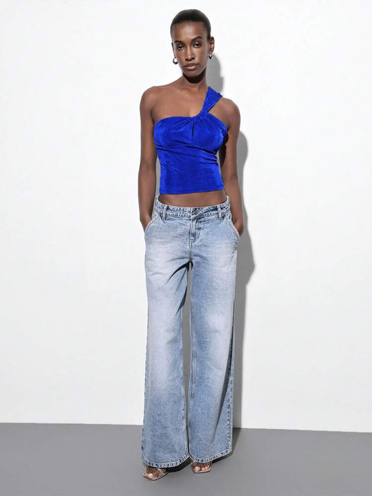 SHEIN Maija Top corto sin mangas de verano para mujer, de color azul sólido, con un hombro, plisado, sexy, versátil, casual, elegante, para salir
