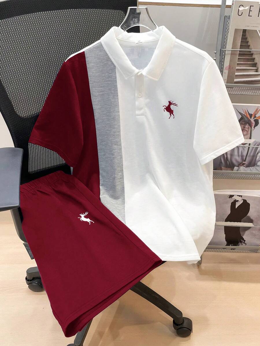 SHEIN 2pcs/Set Teens Boys Loose Casual Contrast Pattern Polo Shirt With Collar, Short Sleeve