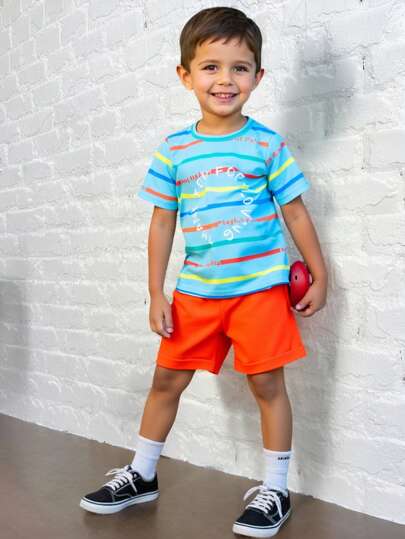 SHEIN 2pcs Set Toddler Boys Letter & Stripe Print Round Neck Short Sleeve T-Shirt With Orange Shorts