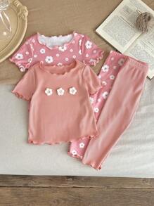 SHEIN Leap Crew 女婴可爱花卉图案 3D 玫瑰荷叶边圆领短袖 T 恤和裤子休闲舒适睡衣 4 件套