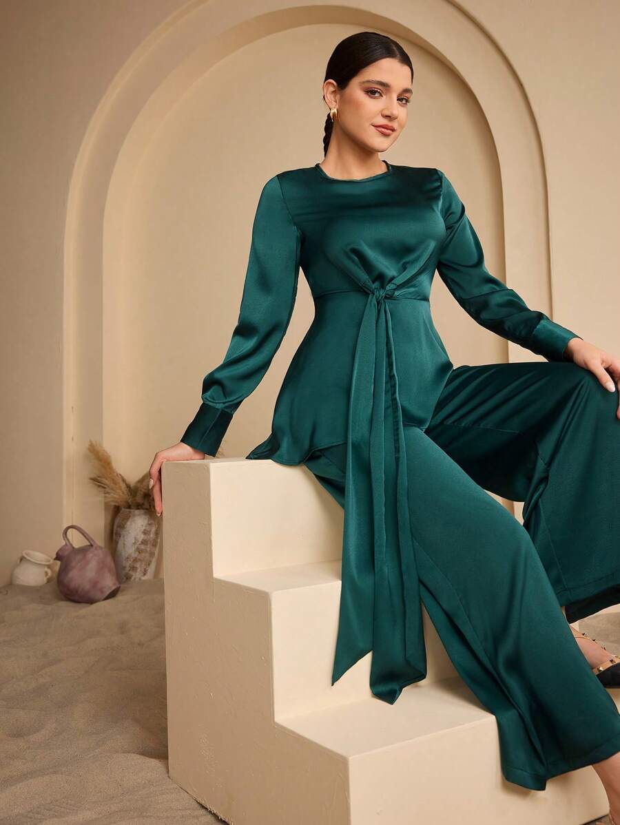 Graceveil 女式长袖上衣和阔腿裤阿拉伯风格两件套 - 綠色 - 查看 1