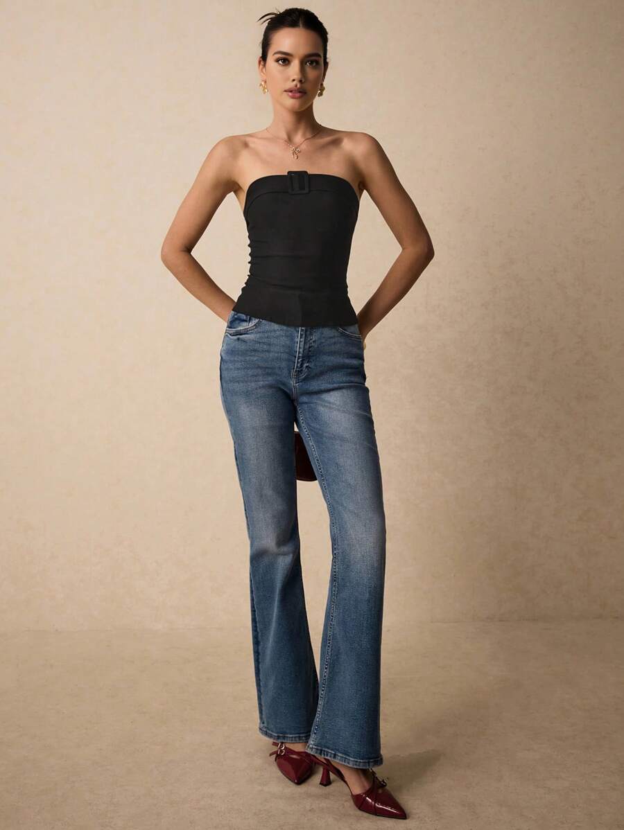 Poéselle Sleek Black Strapless Slimming Sheath Tube Top With Buckle Detail - Ideal For Summer Parties, Nights Out And Casual Fashion Styling, It's Made From High Quality Stretch Fabric To Ensure A Comfortable Fit And Freedom Of Movement, Pair It With Your Favorite Pair Of Jeans Or A Stylish Skirt For An Effortlessly Versatile Look, Office Women Clothing, Short Women's Tops - Black - View 1