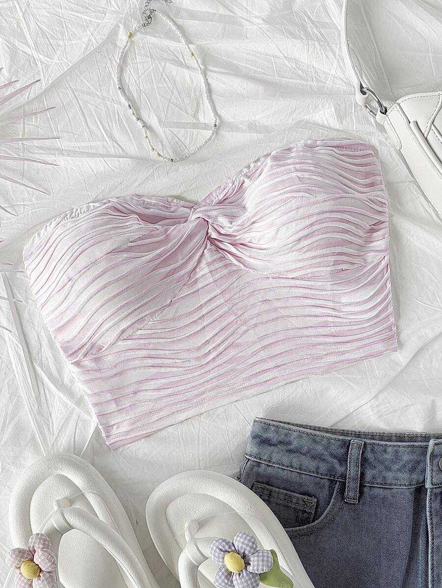 Soleia Women's Vacation Two-Tone Striped Light Pink Twist Front Bandeau Top - Baby Pink - View 1